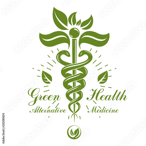 Aesculapius vector abstract logotype created using snakes and green leaves, Caduceus symbol. Healthy lifestyle is strong heart.