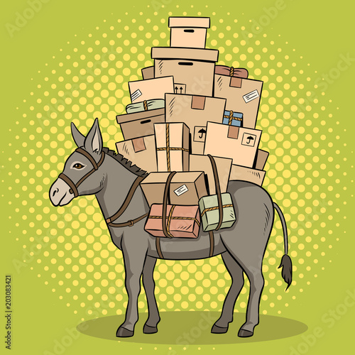 Donkey loaded parcels pop art vector illustration