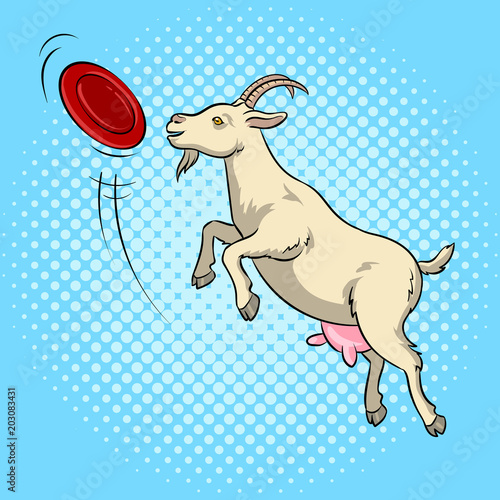 Goat catches frisbee disc pop art vector
