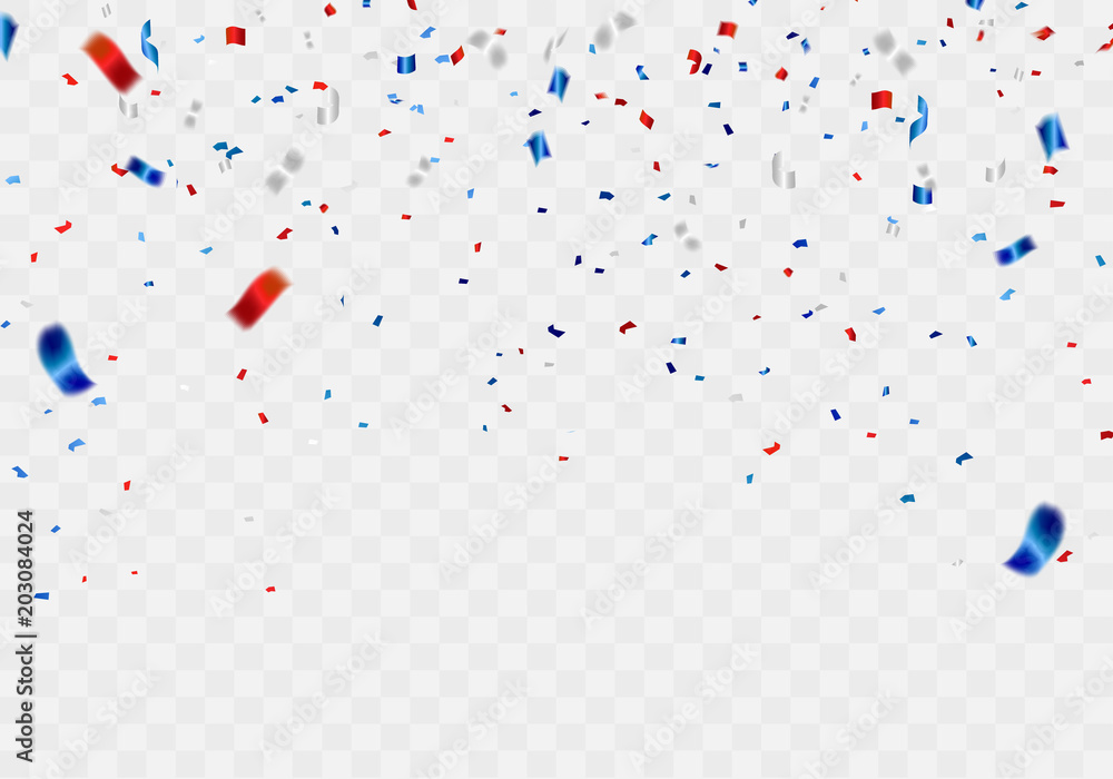 Celebration background template with confetti and red and blue ribbons. - obrazy, fototapety, plakaty 