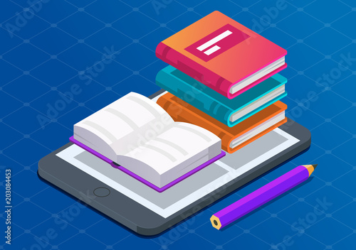 Flat 3d isometric e-book reader and books. E-learning. Flat design modern vector illustration concept.