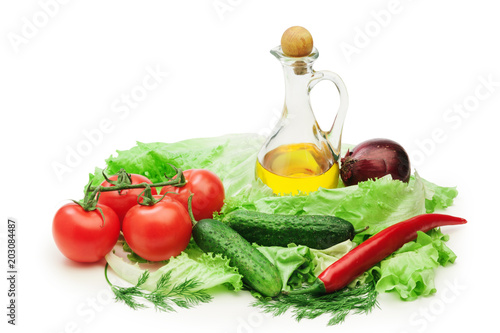 Set vegetable and jug of vegetable oil isolated