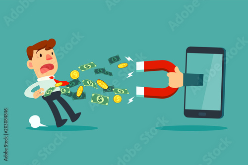 large magnet from smart phone screen attract money from a businessman