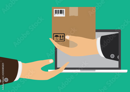 The hand that is holding the parcel. Delivery concept. Vector illustration