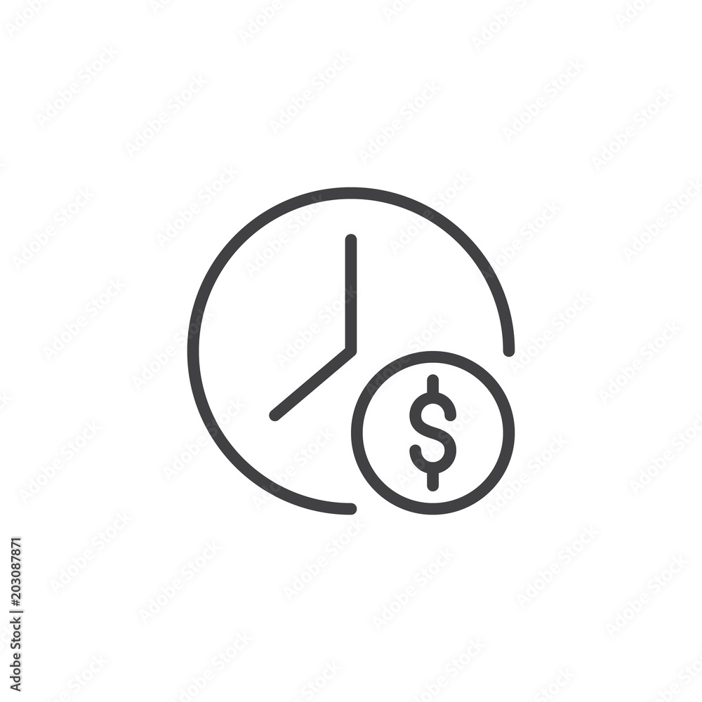 Time is money outline icon. linear style sign for mobile concept and web design. Clock and dollar coin simple line vector icon. Symbol, logo illustration. Pixel perfect vector graphics Time is money outline icon. linear style sign for mobile concept and web design. Clock and dollar coin simple line vector icon. Symbol, logo illustration. Pixel perfect vector graphics