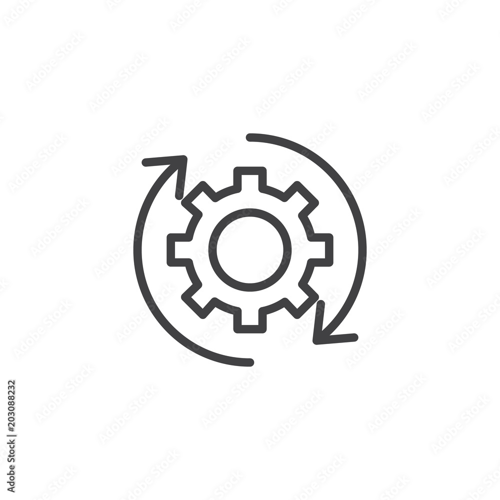 Rotation arrows and gear outline icon. linear style sign for mobile concept and web design. Update Settings, preferences simple line vector icon. Symbol, logo illustration. Pixel perfect vector Rotation arrows and gear outline icon. linear style sign for mobile concept and web design. Update Settings, preferences simple line vector icon. Symbol, logo illustration. Pixel perfect vector