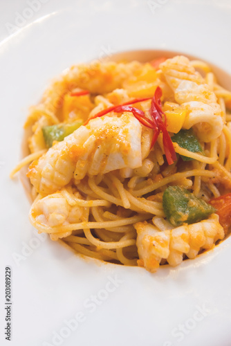 Top of view Spicy Spaghetti seafood , italian food