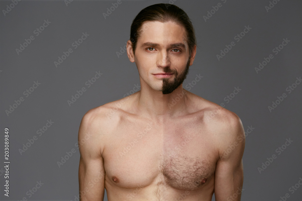 Fototapeta premium Shaving. Man With And Without Hair On Face And Body