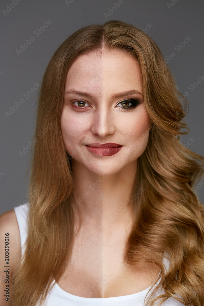 Fototapeta premium Makeup Power. Woman Face Before And After Beauty Makeup