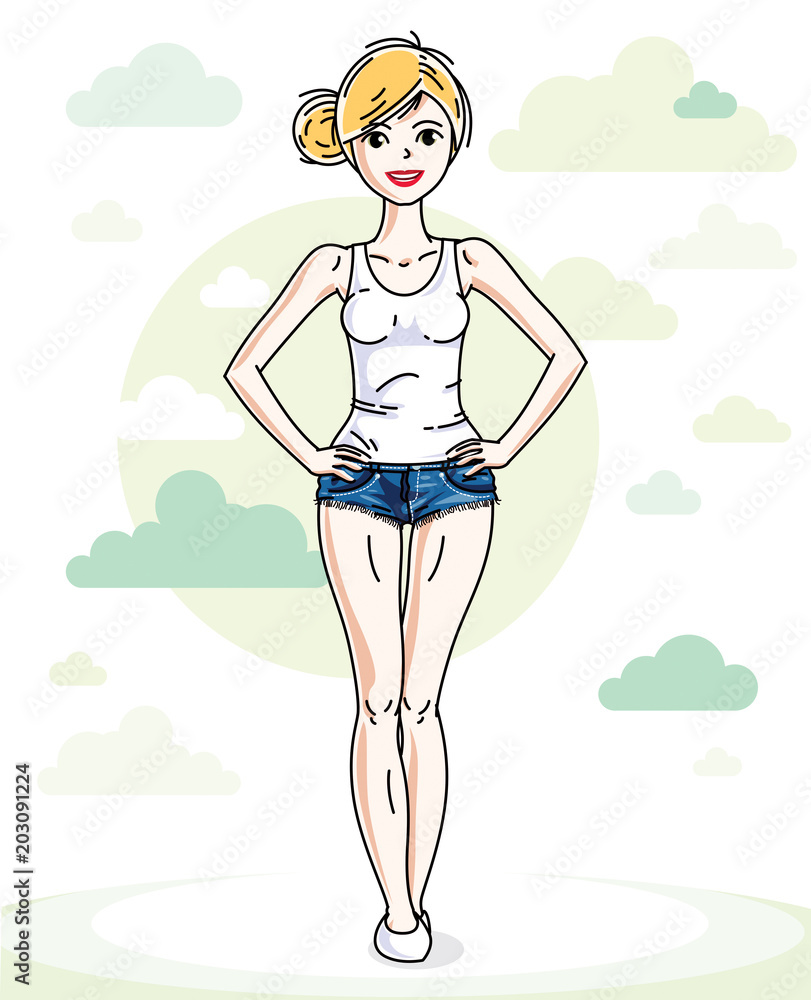 Happy young blonde woman posing on background with blue heavens clouds and wearing fashionable casual clothes. Vector attractive female illustration. Lifestyle theme cartoon. Happy young blonde woman posing on background with blue heavens clouds and wearing fashionable casual clothes. Vector attractive female illustration. Lifestyle theme cartoon.