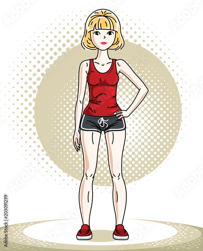 Young beautiful blonde athletic woman posing. Vector illustration of attractive female wearing shorts and T-shirt.  Active and healthy lifestyle theme cartoon.