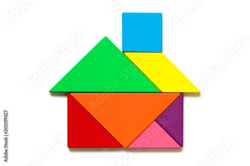 Free Download Color wood tangram puzzle in home shape on white background - GFXLoad