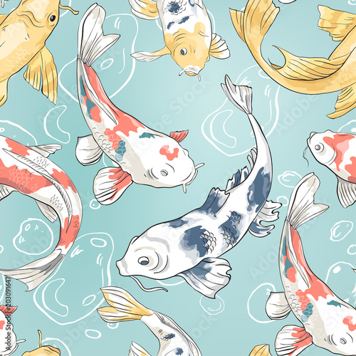 Seamless pattern with koi and bubbles in the pond Background with colorful fish