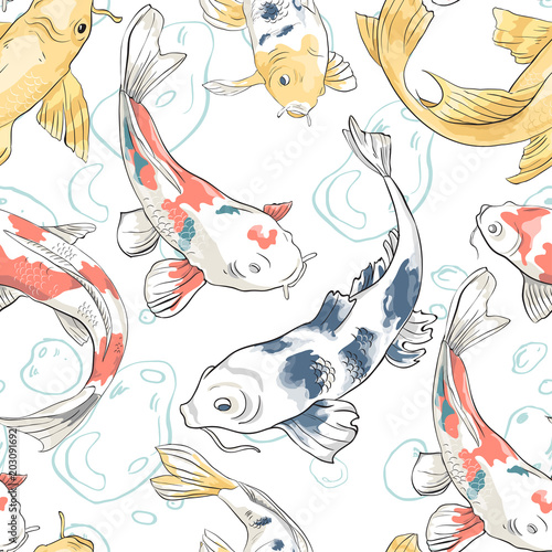 Seamless pattern with koi and bubbles in the pond Background with colorful fish