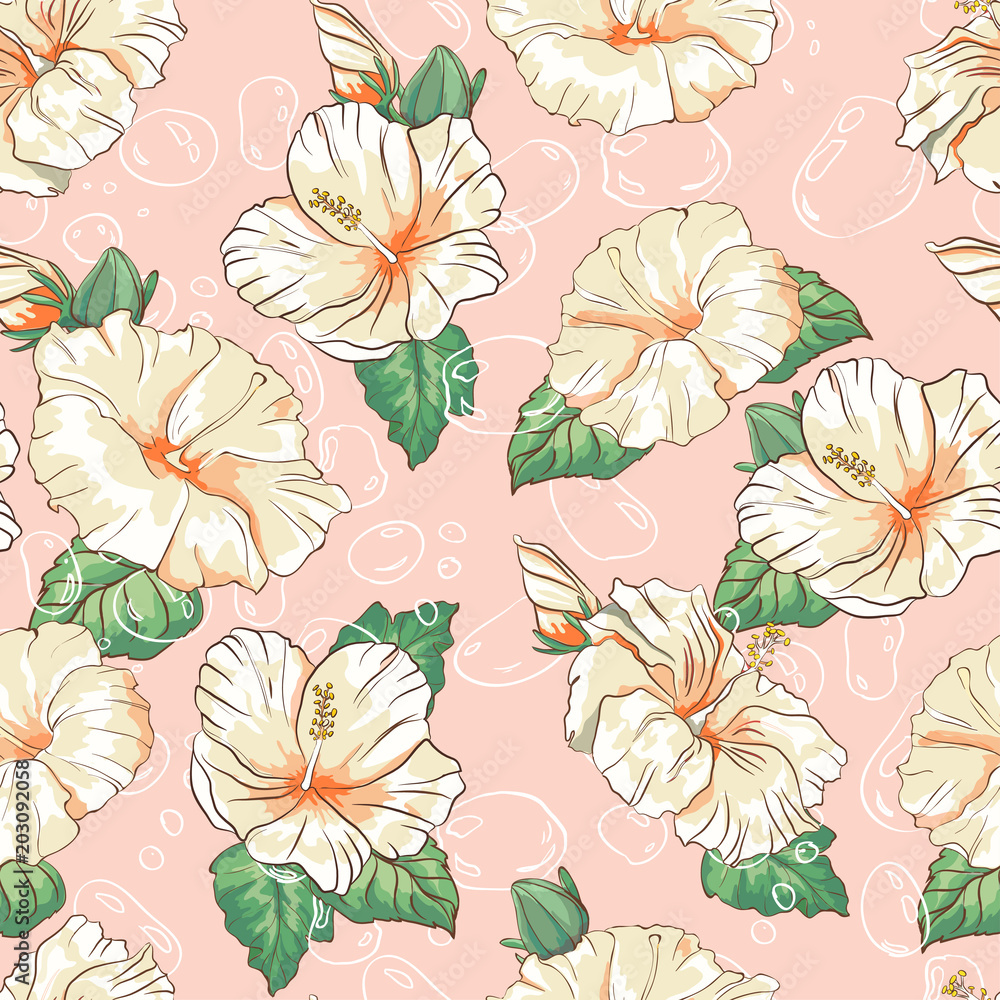 Seamless pattern with hand drawn hibiscus flower and bubbles on peach background, Wallpaper with tropical flowers