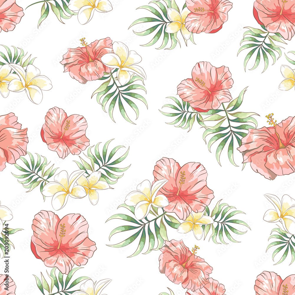 Seamless pattern with hand drawn hibiscus , plumeria flower and palm leaves on white background, Wallpaper with tropical flowers Seamless pattern with hand drawn hibiscus , plumeria flower and palm leaves on white background, Wallpaper with tropical flowers