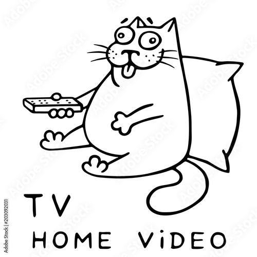 funny cat with remote control for tv. vector illustration.