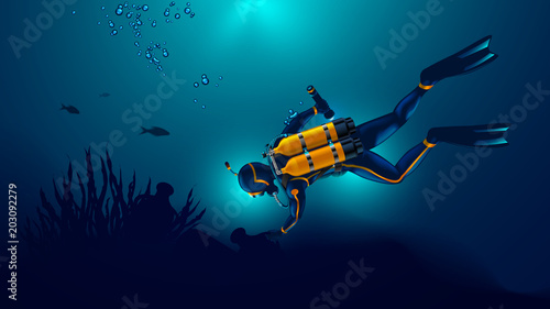 Scuba diver exploring the seabed. Underwater archaeologist found an ancient jug underwater. Oxygen cylinders on the back of the diver