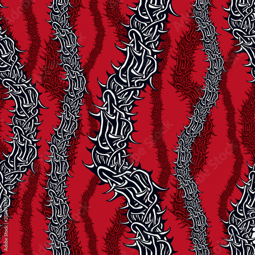 Horror art style seamless pattern, vector background. Blackthorn branches with thorns stylish endless illustration. Hard Rock and Heavy Metal subculture music textile fashion stylish design.
