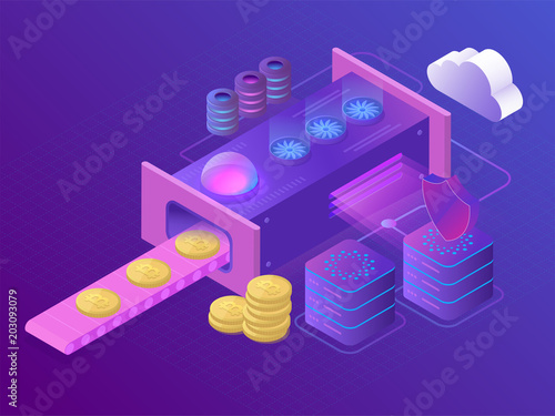 Bitcoin Cryptomining farm concept. Blockchain concept of mining virtual money. Landing page template. 3d isometric vector illustration.