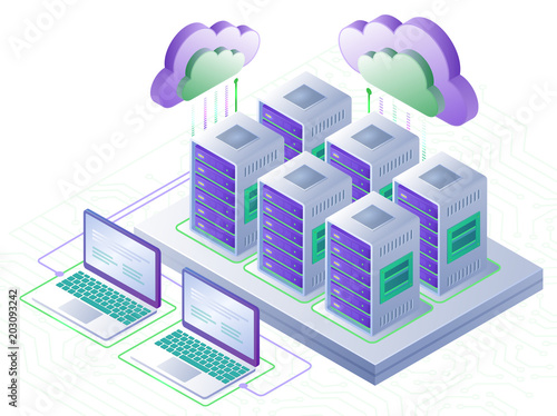 Cloud computing technology and server room concept. Landing page template. 3d isometric vector illustration.