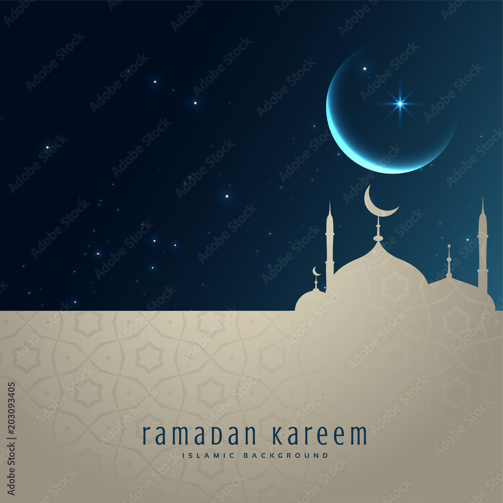 Naklejka premium beautiful night scene with mosque and moon, ramadan kareem greeting