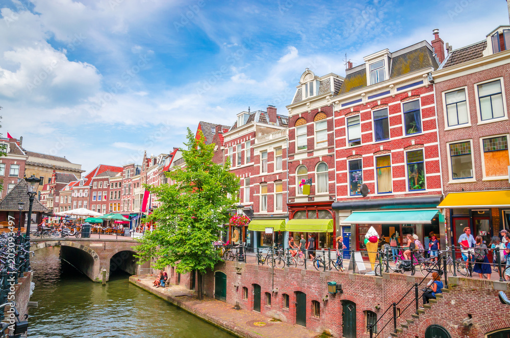 Traditional old street and buildings in Utrecht, Netherlands.