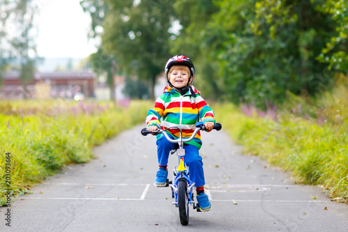 Fototapeta Naklejka Na Ścianę i Meble -  Little cute kid boy on bicycle on summer or autmn day. Healthy happy child having fun with cycling on bike.