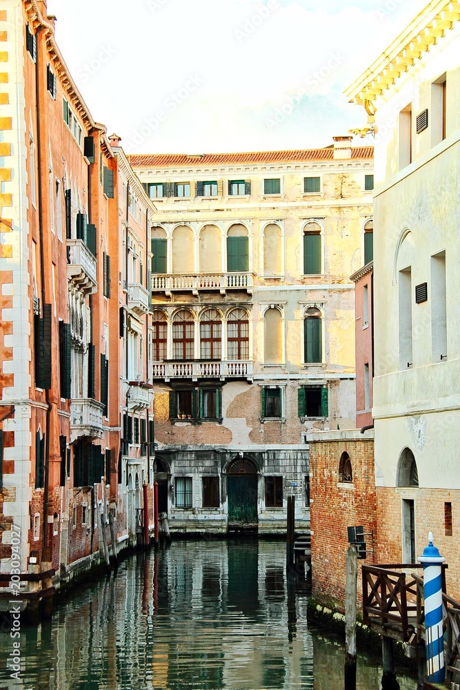 A quiet, empty canal in Venice, Italy