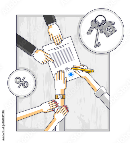 Man signs bank mortgage hypothec for real property house buying and his woman helps him to dare to make a decision and employee explains terms of loan, top view people hands and paper. Vector.