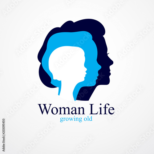 Girl maturation age years concept, adulthood idea, the time of life, periods and cycle of life, growing old, from infancy to maturity. Vector simple classic icon or logo design.