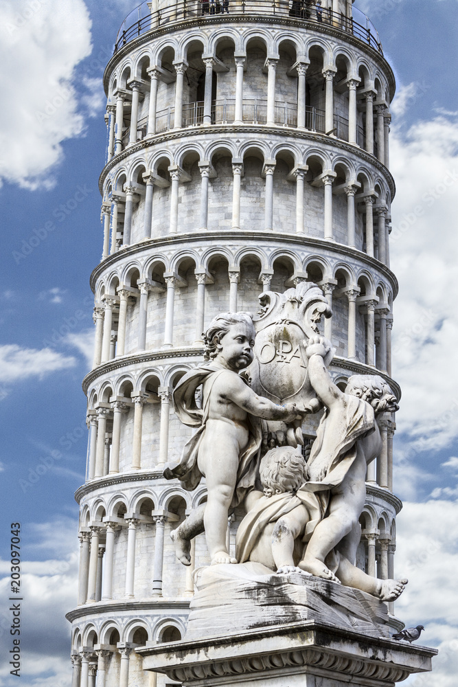 TOP ATTRACTION OF ITALY.  LEANING TOWER OF PISA WITH STATUE