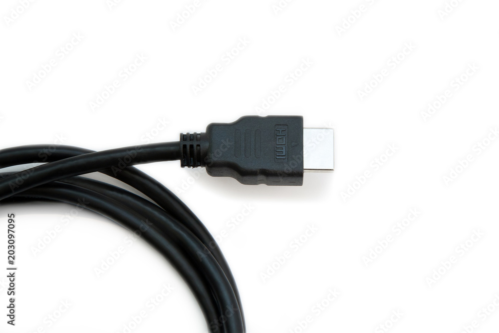Black HDMI cable on white background. Connector close-up. Black HDMI cable on white background. Connector close-up.