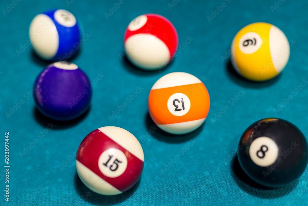 Billiard color balls on table, top view Billiard color balls on table, top view