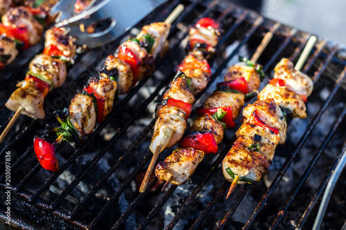 Close up pf delicious chicken breast on wooden skew with fresh vegetables, garlic, paprika fried on mangal barbeque grill