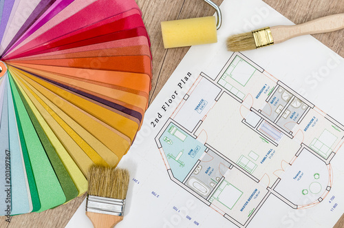 Fototapeta House project and colour swatch with brushes