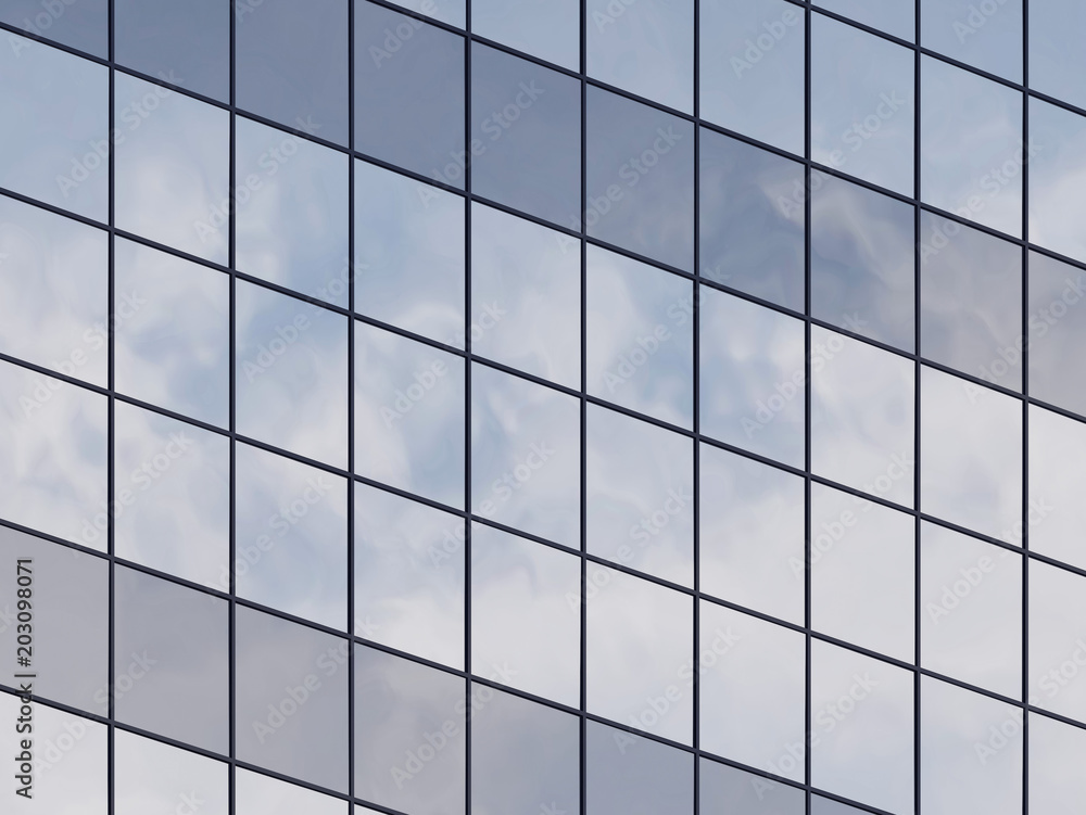 View of the clouds reflected in the glass office building. 3d rendering View of the clouds reflected in the glass office building. 3d rendering
