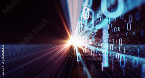 Binary code background/Color bytes of binary code flying through a vortex, background code depth of field with lens flares