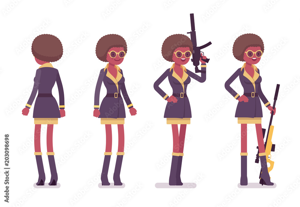 Secret agent black woman, lady spy of intelligence service standing Secret agent black woman, lady spy of intelligence service standing