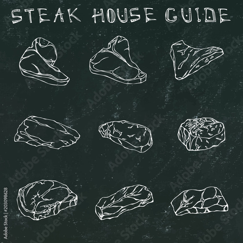 Black Chalk Board Background. Most Popular Steak Types Set. Beef Cuts. Steak House Restaurant Menu. Hand Drawn Illustration. Savoyar Doodle Style. Porterhouse, T-bone, New York Strip, Rib Eye.