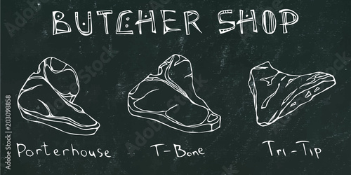 Black Chalk Board Background. Most Popular Steak Types Set. Beef Cuts. Steak House Restaurant Menu. Hand Drawn Illustration. Savoyar Doodle Style. Porterhouse, T-bone, New York Strip, Rib Eye.