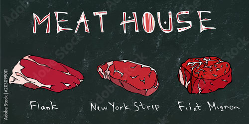 Black Chalk Board Background. Most Popular Steak Types Set. Beef Cuts. Steak House Restaurant Menu. Hand Drawn Illustration. Savoyar Doodle Style. Porterhouse, T-bone, New York Strip, Rib Eye.