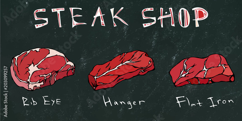 Black Chalk Board Background. Most Popular Steak Types Set. Beef Cuts. Steak House Restaurant Menu. Hand Drawn Illustration. Savoyar Doodle Style. Porterhouse, T-bone, New York Strip, Rib Eye.