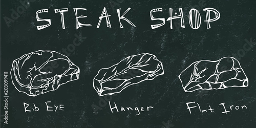 Black Chalk Board Background. Most Popular Steak Types Set. Beef Cuts. Steak House Restaurant Menu. Hand Drawn Illustration. Savoyar Doodle Style. Porterhouse, T-bone, New York Strip, Rib Eye.