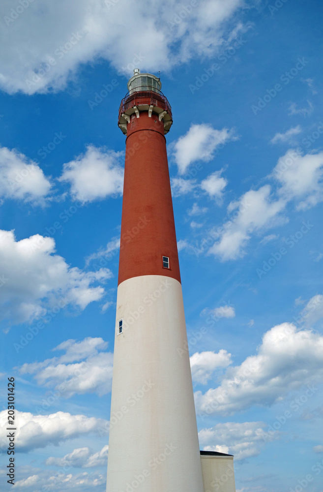 View of the Barnegat Light (Old Barney), a landmark lighthouse located on the Jersey Shore on Long Beach Island, New Jersey