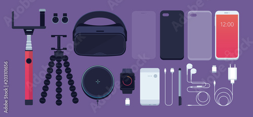 Set of phone accessories: smartphone, power bank, charger, mobile phone lens, flash card, headphones, stylus, 3D reality glasses, selfie stick, tripod, protective film, watch. Vector illustration.