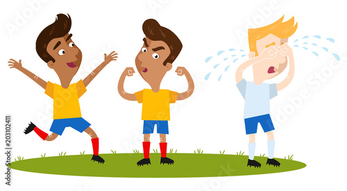 Torjubel, zwei erfolgreiche südamerikanische Cartoon Fußballspieler in gelben Trikots, posieren stolz, Gegenspieler heult