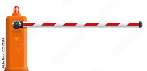 Barrier gate with closed bar and red warning light - isolated realistic technical 3d vector illustration on white background.