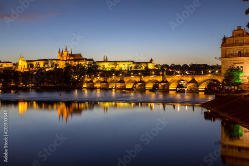 Prague castle and the Charles bridge at dusk