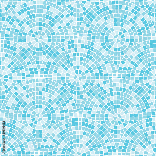 Blue abstract mosaic seamless pattern. Fragments of a circle laid out from tiles trencadis. Vector background.